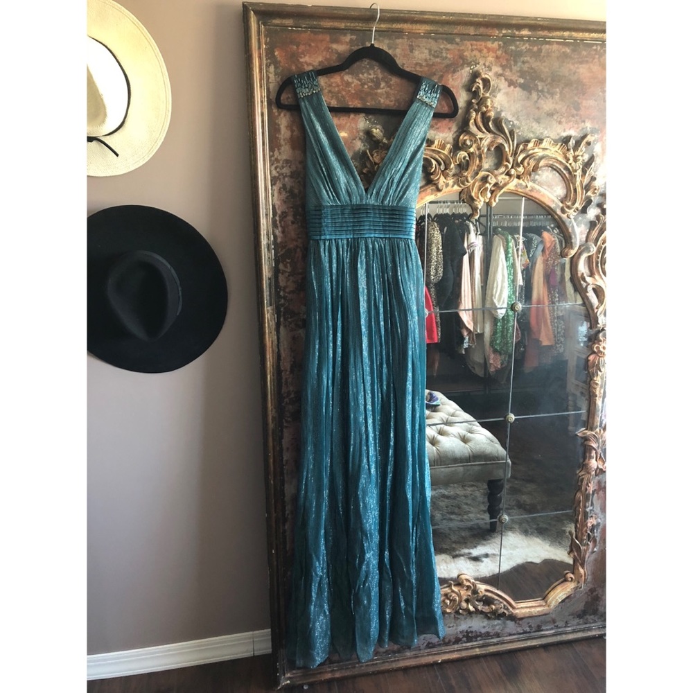 BCBGMAXAZRIA TEAL SILK & LUREX MAXI